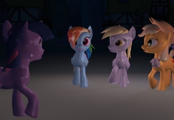 Size: 1600x1100 | Tagged: safe, artist:naduron0, applejack, derpy hooves, rainbow dash, twilight sparkle, g4, 3d