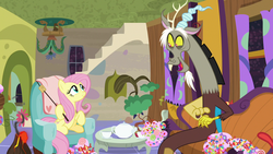 Size: 1280x720 | Tagged: safe, screencap, discord, fluttershy, pony, discordant harmony, g4, candy, couch, food, teapot, volcano