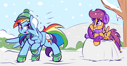 Size: 2800x1461 | Tagged: safe, artist:graphene, rainbow dash, scootaloo, pegasus, pony, g4, clothes, cute, cutealoo, dashabetes, earmuffs, hat, mittens, scarf, scootalove, smiling, snow, snowball, snowball fight, winter