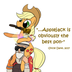Size: 1720x1720 | Tagged: safe, artist:phat_guy, derpibooru exclusive, applejack, earth pony, human, pony, g4, australium, beard, best pony, clothes, cosmetics, crossover, cute, dialogue, dungarees, duo, engineer, engineer (tf2), english, facial hair, female, glasses, gloves, hat, holding, jackabetes, man, mare, moustache, mouth hold, overalls, piggyback ride, pointing, quote, raised hoof, shirt, simple background, sunglasses, team fortress 2, tool, transparent background, uncle dane, unusual hat, video game, wrench