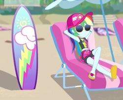 Size: 466x378 | Tagged: safe, screencap, rainbow dash, equestria girls, g4, lost and found, my little pony equestria girls: better together, bikini, bikini top, cap, clothes, cropped, cute, dashabetes, feet, female, hat, implied starlight glimmer, sandals, sunglasses, surfboard, swimsuit