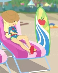 Size: 318x402 | Tagged: safe, screencap, applejack, equestria girls, equestria girls series, g4, lost and found, bikini, clothes, cropped, cute, feet, female, jackabetes, sandals, solo, surfboard, swimsuit