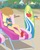 Size: 318x402 | Tagged: safe, screencap, applejack, human, equestria girls, g4, lost and found, my little pony equestria girls: better together, applejack's beach shorts swimsuit, applejack's hat, beach chair, bikini, chair, clothes, cowboy hat, cropped, cute, feet, female, flip-flops, hat, jackabetes, sandals, solo, surfboard, swimsuit