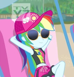 Size: 538x563 | Tagged: safe, screencap, rainbow dash, equestria girls, g4, lost and found, my little pony equestria girls: better together, belly button, bikini, bikini top, cap, clothes, cropped, cute, dashabetes, female, geode of super speed, hat, magical geodes, midriff, rainbow dash's beach shorts swimsuit, sexy, sunglasses, swimming trunks, swimsuit