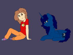 Size: 1600x1200 | Tagged: safe, artist:calibykitty, artist:icicle-niceicle-1517, oc, oc:midnight, oc:midnight specter, alicorn, human, pony, alicorn oc, blue background, clothes, colored, dc comics, duo, female, mare, pajamas, self insert, simple background, socks, the flash
