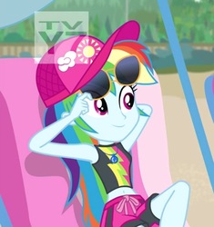 Size: 533x566 | Tagged: safe, screencap, rainbow dash, equestria girls, g4, lost and found, my little pony equestria girls: better together, belly button, bikini, bikini top, cap, clothes, cropped, cute, dashabetes, female, hat, midriff, sunglasses, swimming trunks, swimsuit