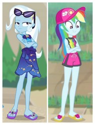 Size: 3106x4096 | Tagged: safe, screencap, rainbow dash, trixie, equestria girls, equestria girls specials, g4, my little pony equestria girls: better together, my little pony equestria girls: forgotten friendship, clothes, crossed arms, female, flip-flops, sandals, swimsuit, trixie's swimsuit