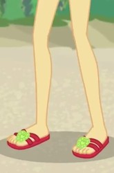 Size: 473x715 | Tagged: safe, screencap, applejack, equestria girls, g4, lost and found, my little pony equestria girls: better together, feet, flip-flops, legs, pictures of legs, sandals, solo