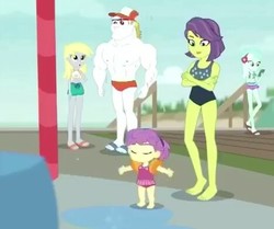 Size: 468x392 | Tagged: safe, screencap, bulk biceps, derpy hooves, lyra heartstrings, equestria girls, g4, my little pony equestria girls: better together, barefoot, clothes, feet, male, nipples, nudity, partial nudity, topless