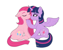 Size: 1280x1024 | Tagged: safe, artist:pinkamenascratch, pinkie pie, twilight sparkle, alicorn, pony, g4, eyes closed, female, lesbian, pinkamena diane pie, ship:twinkie, shipping, simple background, transparent background, twilight sparkle (alicorn)