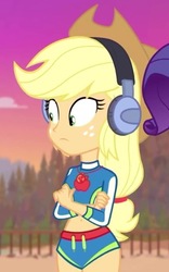 Size: 325x521 | Tagged: safe, screencap, applejack, equestria girls, g4, lost and found, my little pony equestria girls: better together, bikini, clothes, cropped, crossed arms, female, headphones, solo, swimsuit