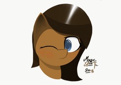 Size: 2048x1433 | Tagged: safe, artist:magicspark, oc, oc only, oc:mocha mare, pony, brown, bust, colored pupils, female, mare, one eye closed, simple background, solo, tan