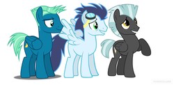 Size: 1600x780 | Tagged: safe, sky stinger, soarin', thunderlane, pegasus, pony, g4, friendshipping, male, missing cutie mark, simple background, stallion, trio, white background