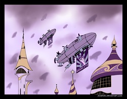 Size: 1280x1000 | Tagged: safe, artist:zoarvek, edit, starlight glimmer, g4, airship, canterlot, castle, command and conquer, command and conquer: red alert, crossover, equality, female, glory to derpibooru, invasion, kirov airship, mare, parody, red alert, red alert 2, smiling, stalin glimmer, sunburst background, zeppelin