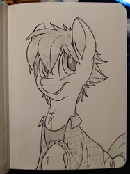 Size: 774x1037 | Tagged: safe, artist:fluffyxai, oc, oc only, oc:spirit wind, earth pony, pony, chest fluff, clothes, hoof fluff, inked, male, pencil drawing, shirt, sketch, smiling, solo, stallion, traditional art
