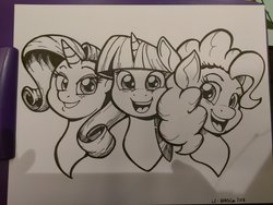 Size: 2080x1560 | Tagged: safe, artist:latecustomer, pinkie pie, rarity, twilight sparkle, earth pony, pony, unicorn, g4, bust, female, looking at you, mare, smiling, traditional art, trio