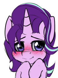 Size: 1095x1465 | Tagged: safe, artist:duop-qoub, starlight glimmer, pony, unicorn, g4, blushing, bust, cute, female, glimmerbetes, looking at you, mare, raised hoof, simple background, smiling, solo, white background