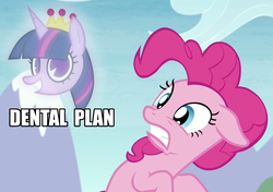 Size: 1926x1359 | Tagged: safe, edit, edited screencap, screencap, pinkie pie, earth pony, pony, g4, the maud couple, dental plan, female, floppy ears, i never learned to read, image macro, male, mare, meme, pac-man eyes, the simpsons, worried