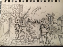 Size: 1280x960 | Tagged: safe, artist:beardie, oc, pony, unicorn, building, ink, lightpole, monochrome, moon, stairs, town, traditional art, window