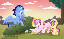 Size: 7850x4847 | Tagged: safe, artist:raspberrystudios, oc, oc only, oc:aurelia charm, oc:jet stream, oc:rosy, alicorn, pony, absurd resolution, alicorn oc, auream, easter, easter egg, female, filly, food, holiday, raspberry (food), sunrise