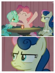 Size: 3106x4096 | Tagged: safe, screencap, bon bon, lyra heartstrings, pinkie pie, sweetie drops, earth pony, pony, unicorn, g4, the maud couple, angry, bon bon is not amused, candle, female, mare, pointing, tenso, trio, unamused