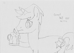 Size: 7015x4960 | Tagged: safe, artist:keksiarts, comet tail, pony, unicorn, g4, absurd resolution, background pony, cider, graph paper, male, mug, practice, sketch, solo, stallion, tankard, traditional art