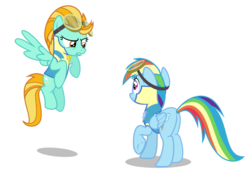 Size: 1024x746 | Tagged: safe, artist:steampunksalutation, lightning dust, rainbow dash, pegasus, pony, g4, butt, clothes, duo, flying, goggles, lead pony badge, plot, rainbutt dash, simple background, transparent background, uniform, vector, wonderbolt trainee uniform