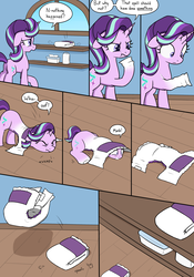 Size: 2100x3000 | Tagged: safe, artist:skitter, starlight glimmer, pony, unicorn, g4, baby wipes, comic, diaper, diaper fetish, diaper tf, female, fetish, foal powder, high res, inanimate tf, mare, non-baby in diaper, transformation