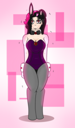 Size: 1000x1690 | Tagged: safe, artist:lazerblues, oc, oc only, oc:hiki, satyr, abstract background, blushing, bowtie, bunny ears, bunny suit, clothes, cuffs (clothes), easter, holiday, offspring, parent:oc:miss eri, pentagram