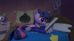 Size: 7680x4320 | Tagged: safe, artist:keksiarts, spike, twilight sparkle, alicorn, dragon, pony, g4, 3d, absurd resolution, bed, bedroom, book, duo, female, golden oaks library, male, mare, reading, source filmmaker, twilight sparkle (alicorn), wallpaper