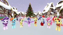 Size: 7680x4320 | Tagged: safe, artist:keksiarts, apple bloom, applejack, fluttershy, pinkie pie, rainbow dash, rarity, scootaloo, starlight glimmer, sunset shimmer, sweetie belle, twilight sparkle, alicorn, pony, g4, 3d, absurd resolution, background pony, christmas, christmas tree, cutie mark crusaders, holiday, mane six, ponyville, rudolph dash, snow, source filmmaker, twilight sparkle (alicorn), wallpaper, winter