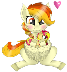 Size: 2724x2955 | Tagged: safe, artist:keksiarts, sunset shimmer, oc, oc only, oc:little flame, pegasus, pony, g4, blushing, cute, digital art, female, gift art, heart, high res, mare, paint tool sai, plushie, simple background, sitting, solo, transparent background