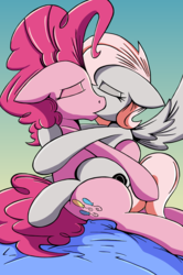 Size: 1802x2706 | Tagged: safe, artist:cabrony, artist:justanotherponyartblog, pinkie pie, oc, oc:violet, g4, canon x oc, collaboration, female, just another pony art blog, kissing, lesbian, making out, mare, mare on mare