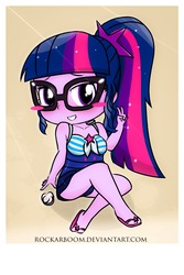 Size: 1008x1513 | Tagged: safe, artist:rockarboom, sci-twi, twilight sparkle, equestria girls, equestria girls series, g4, adorasexy, blushing, chibi, clothes, crossed legs, cute, female, glasses, lidded eyes, sexy, solo, swimsuit, twiabetes
