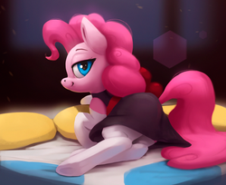 Size: 1100x896 | Tagged: safe, artist:rodrigues404, pinkie pie, earth pony, pony, g4, bed, bedroom eyes, black dress, clothes, dress, female, little black dress, looking at you, looking back, looking back at you, mare, solo, stockings, thigh highs, underhoof