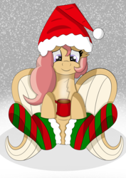 Size: 4961x7016 | Tagged: safe, artist:keksiarts, oc, oc only, oc:sunshine serenade, pegasus, pony, absurd resolution, canterlot avenue, chocolate, christmas, clip studio paint, clothes, contest, contest entry, cute, digital art, female, festive, food, hat, holiday, hot chocolate, mare, santa hat, socks, solo, striped socks, winter