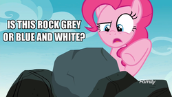 Size: 1024x576 | Tagged: safe, edit, edited screencap, screencap, pinkie pie, earth pony, pony, g4, the maud couple, discovery family logo, female, image macro, meme, rock, solo, white and gold or black and blue dress meme