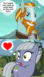 Size: 487x834 | Tagged: safe, edit, edited screencap, screencap, limestone pie, rockhoof, earth pony, pony, campfire tales, g4, the maud couple, crack shipping, dialogue, female, heart, limehoof, male, shipping, stallion, thought bubble