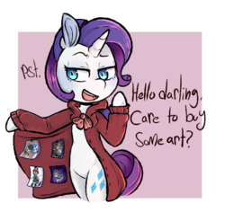 Size: 885x836 | Tagged: safe, artist:urbanqhoul, rarity, g4, bipedal, clothes, commission info, darling, female, simple background, solo, text, transparent background, trenchcoat, whispering
