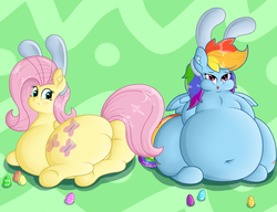 Size: 2150x1654 | Tagged: safe, artist:dullpoint, fluttershy, rainbow dash, pegasus, pony, adorafatty, belly, big belly, bunny ears, bunnyshy, chubby cheeks, cute, dashabetes, duo, easter, easter bunny, easter egg, fat, fattershy, female, holiday, huge butt, large butt, mare, obese, rainblob dash, shyabetes, sitting, tongue out