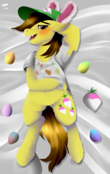 Size: 1200x1900 | Tagged: safe, artist:brainiac, hayseed turnip truck, earth pony, pony, g4, april fools, april fools joke, blushing, body pillow, body pillow design, bunny ears, clothes, easter, easter egg, easter fools day, floppy ears, fluffy, hat, holiday, male, sexy, shirt, shirt lift, stallion