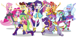 Size: 1024x495 | Tagged: safe, artist:limedazzle, edit, editor:bezziie, vector edit, applejack, fluttershy, lemon zest, pinkie pie, rainbow dash, rarity, sci-twi, sour sweet, sugarcoat, sunny flare, sunset shimmer, twilight sparkle, equestria girls, equestria girls specials, g4, my little pony equestria girls: dance magic, clothes, converse, dress, eyes closed, humane five, humane seven, humane six, looking at you, open mouth, ponied up, rapper dash, shoes, show accurate, simple background, transparent background, vector