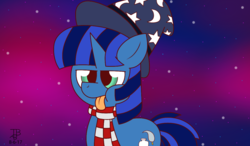 Size: 1280x750 | Tagged: safe, artist:thebadbadger, oc, oc:ink vat, pony, unicorn, clothes, hat, scarf, tongue out, wizard hat