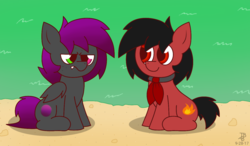 Size: 1280x750 | Tagged: safe, artist:thebadbadger, oc, oc:aschao galaxy, oc:phire demon, bat pony, bat pony oc, grumpy