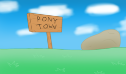 Size: 1280x750 | Tagged: safe, artist:thebadbadger, pony, pony town, cloud, field, grass, irony, no pony, rock, sign, sky