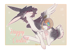 Size: 1610x1140 | Tagged: safe, artist:monogy, oc, oc only, oc:monogy, hybrid, rabbit pony, basket, easter, easter bunny, female, holiday, pale belly, paw pads, paws, simple background, solo, species swap, tongue out, transparent background, underpaw