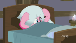 Size: 1920x1080 | Tagged: safe, screencap, pinkie pie, earth pony, pony, g4, the maud couple, bed, discovery family logo, female, pillow, pillow hat, solo