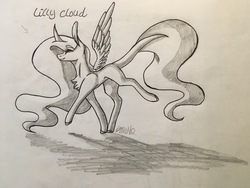 Size: 4032x3024 | Tagged: safe, artist:sweetmelon556, oc, oc only, oc:lilly cloud, pegasus, pony, female, mare, monochrome, solo, traditional art