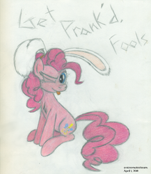Size: 2481x2864 | Tagged: safe, artist:ericremotesteam, pinkie pie, earth pony, pony, g4, april fools, bunny ears, chest fluff, colored pencil drawing, cute, cutie mark, diapinkes, easter, easter fools day, fake ears, female, handwriting, high res, holiday, one eye closed, prismacolors, simple background, sitting, solo, tongue out, traditional art, white background, wink