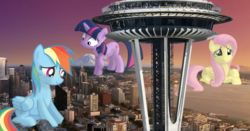 Size: 2000x1050 | Tagged: safe, artist:flutterbatismagic, fluttershy, rainbow dash, twilight sparkle, pony, g4, city, destruction, female, giant pony, giant rainbow dash, giantess, highrise ponies, irl, macro, mega twilight sparkle, mega/giant rainbow dash, photo, ponies in real life, seattle